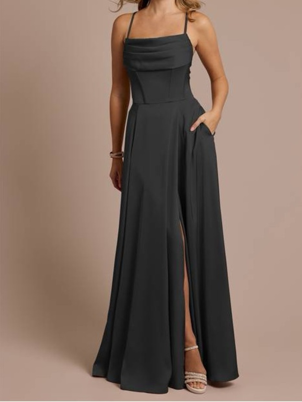 Galina Signature Matte Satin Cowl Neck Spaghetti Strap A-Line Dress Maxi Size 14